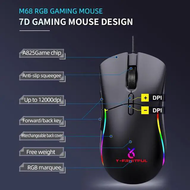 Alt view image 7 of 7 - M68 Gaming Mouse, Hole Gaming Mouse Interchangeable Back Cover, Free counterweightRGB Backlit with 8 Light Modes, 12000 DPI Adjustable, Honeycomb Shell, Black