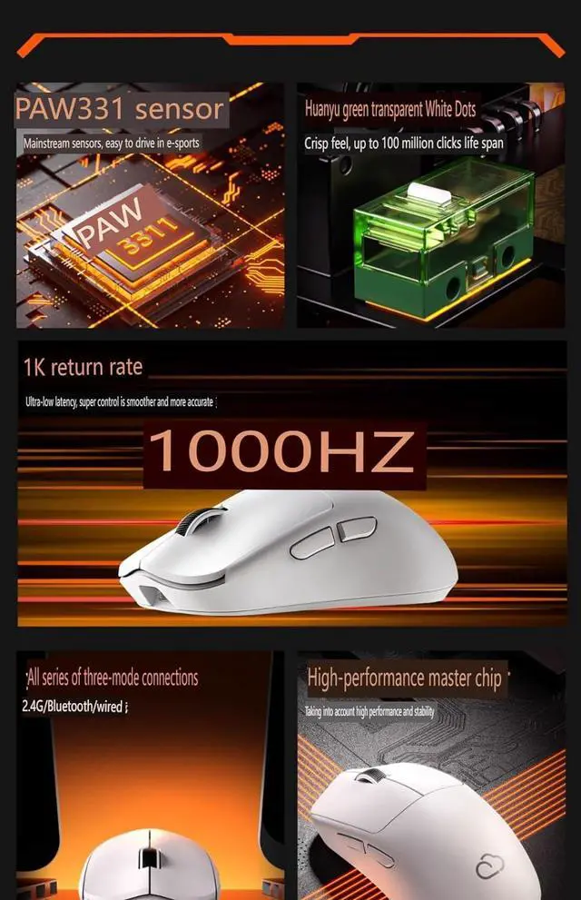 Alt view image 5 of 7 - X23Pro Lightweight Gaming Mouse, 12000 DPI, Wireless/Bluetooth/2.4G, 800mAh Battery, Pink