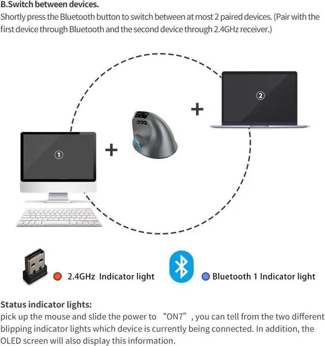 Alt view image 4 of 7 - F-26C Wireless Ergonomic Mouse, Bluetooth & 2.4G, 730mah Large Capacity BatteryOLED Display, Adjustable DPI, LED Backlight, Rechargeable, Gray