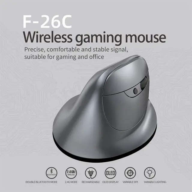 Alt view image 2 of 7 - F-26C Wireless Ergonomic Mouse, Bluetooth & 2.4G, 730mah Large Capacity BatteryOLED Display, Adjustable DPI, LED Backlight, Rechargeable, Gray