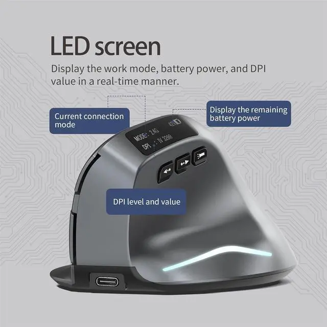 Alt view image 5 of 7 - F-26C Wireless Ergonomic Mouse, Bluetooth & 2.4G, 730mah Large Capacity BatteryOLED Display, Adjustable DPI, LED Backlight, Rechargeable, Gray