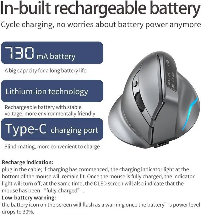Alt view image 6 of 7 - F-26C Wireless Ergonomic Mouse, Bluetooth & 2.4G, 730mah Large Capacity BatteryOLED Display, Adjustable DPI, LED Backlight, Rechargeable, Gray