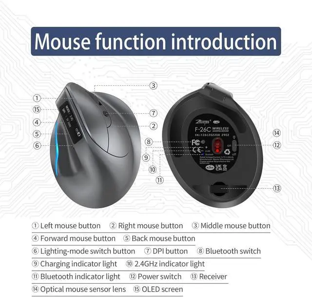 Alt view image 7 of 7 - F-26C Wireless Ergonomic Mouse, Bluetooth & 2.4G, 730mah Large Capacity BatteryOLED Display, Adjustable DPI, LED Backlight, Rechargeable, Gray