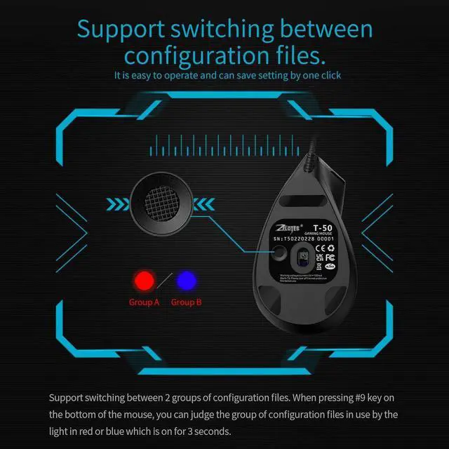 Alt view image 2 of 7 - Mewmewcat Optical Indicator T-50 Vertical Mouse Wired Mouse 9 Keys RGB Optical Mouse 6 Gear DPI Ergonomic Design Black/584