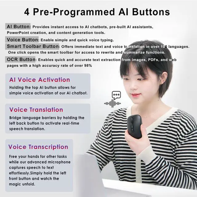 Alt view image 3 of 7 - AI Voice Office Mouse,Wireless Mouse with No Fee for subscription AI Chatbot, Smart Software Control, Support 110 Languages, Prebuilt AI Assistants, Smart Device for Meetings,Office (Windows/Mac)