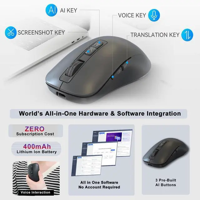 Alt view image 6 of 7 - AI Voice Office Mouse,Wireless Mouse with No Fee for subscription AI Chatbot, Smart Software Control, Support 110 Languages, Prebuilt AI Assistants, Smart Device for Meetings,Office (Windows/Mac)