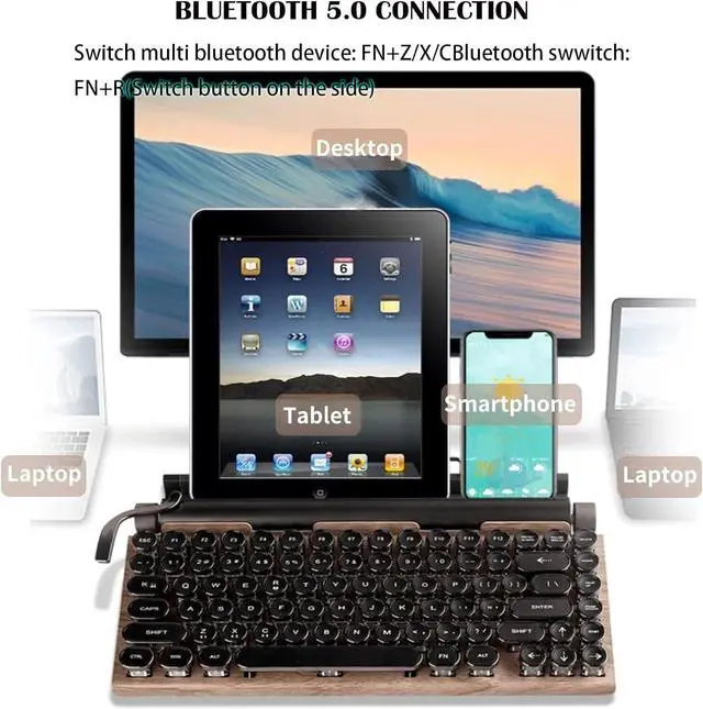Alt view image 3 of 7 - Vintage Typewriter,Type Writer, Bluetooth Wireless Mechanical Keyboard, Multi Devices Connection for PC/MAC/Laptop/Tablet/Phone,Woodcolor(Color:Pink)