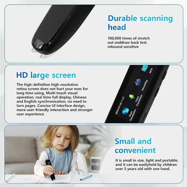 Alt view image 7 of 7 - Scan Reader Pen - 112 Language Translator with 2.23" HD Screen, Instant Voice Translation, Text-to-Speech, Offline Dyslexia Reading Assistant for Learning & Travel(Black)