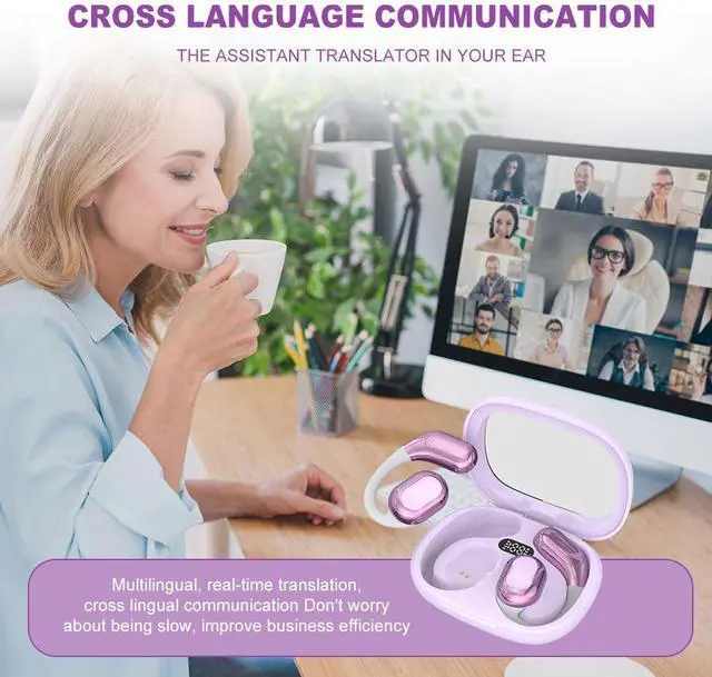 Alt view image 2 of 7 - 2025 New 4 in 1 AI Language Translator Earbuds, Upgrade Bluetooth Translating Ear Buds in Real Time, 144 Languages and Accents Translation Earbuds Over-Ear for Travel Business Learning (Purple)