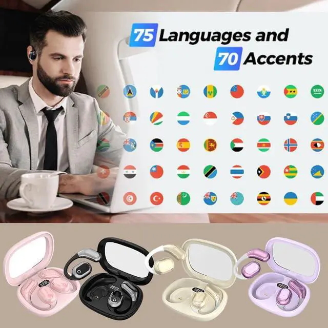 Alt view image 3 of 7 - Hiwered Ai Voice Translation Bluetooth Earbuds, Ai Translation Earbuds Real Time, Language Translation Earbuds, Wireless Bluetooth Translation Earbuds, HD Sound, Long Battery Life (Black)