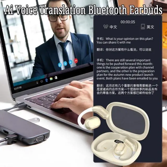 Alt view image 2 of 7 - Hiwered Ai Voice Translation Bluetooth Earbuds, Ai Translation Earbuds Real Time, Language Translation Earbuds, Wireless Bluetooth Translation Earbuds, HD Sound, Long Battery Life (Black)