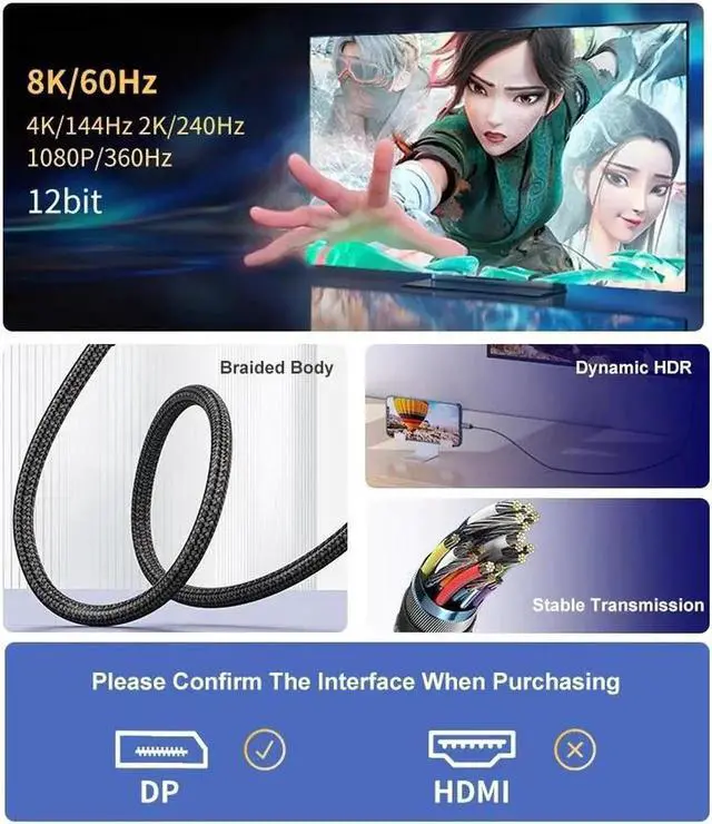 Alt view image 3 of 7 - JAENFONG USB C to DisplayPort 1.4 Cable 3.3 FT, 8K@60Hz, 4K@120Hz, Thunderbolt 4/3 Type C to DP Cord, (Thunderbolt 4/3 Compatible) for MacBook Pro/Air, iPad Pro, iPhone15 Pro Max, Galaxy, XPS