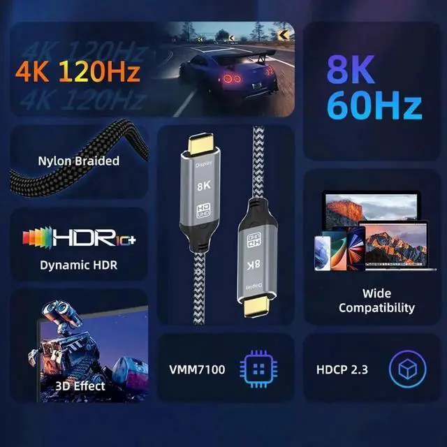 Alt view image 3 of 7 - JAENFONG USB C to HDMI 2.1 Cable 8K@60Hz 4K@240Hz 3.3FT Type C to HDMI Ultra High-Speed Cord Thunderbolt 4/3 HDR HDCP 2.3 Compatible with MacBook Pro/Air, iMac, iPad Pro, Galaxy S23