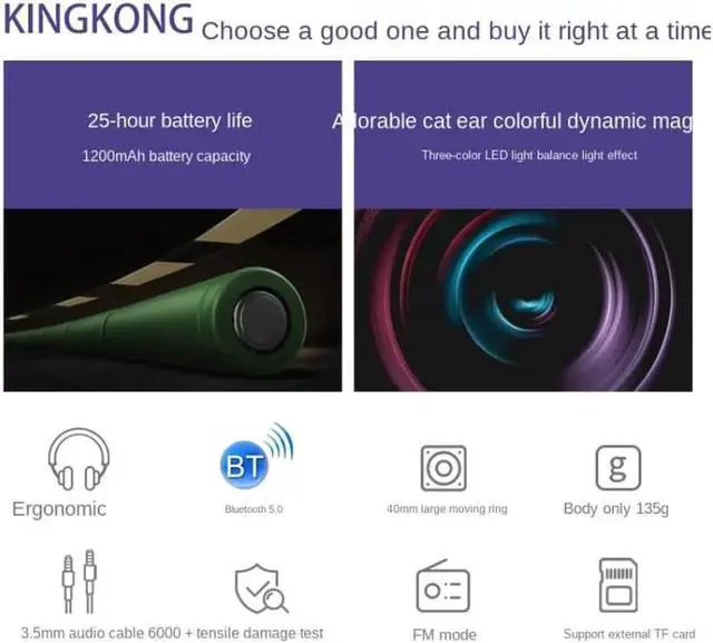 Alt view image 5 of 7 - JAENFONG Kingkong Bluetooth Wireless RGB Luminous Gaming Headset with Mic Support TF/FM Radio