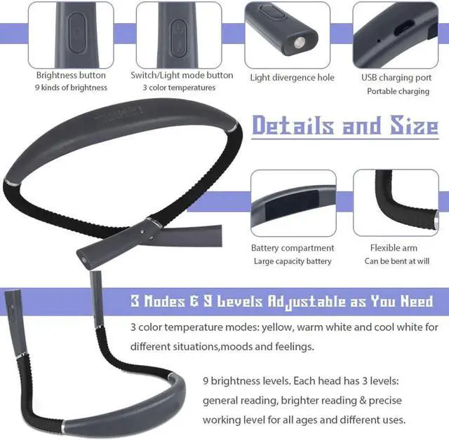 Alt view image 6 of 6 - LED Neck Reading Light, Bendable Book Light for Reading in Bed, 3 Colors, 6 Brightness Levels (grey)