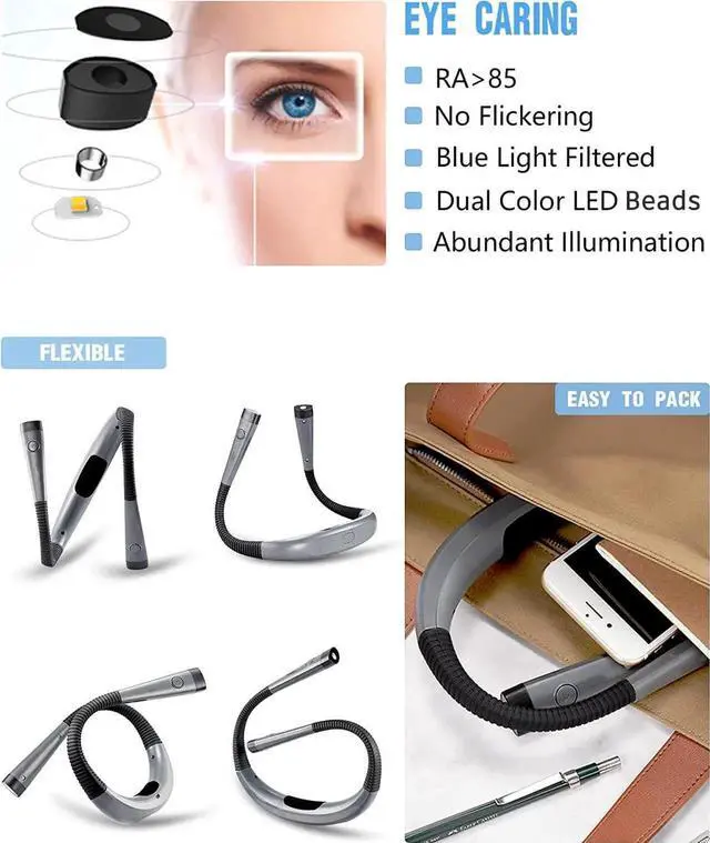 Alt view image 5 of 6 - LED Neck Reading Light, Bendable Book Light for Reading in Bed, 3 Colors, 6 Brightness Levels (grey)