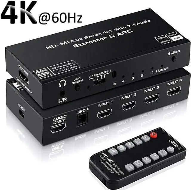Main image of JAENFONG 4 Port 4K HDMI Switch with Optical & 3.5mm AUX Audio Out, 4 in 1 Out HDMI 2.0 4K@60Hz HDMI 2.0b Audio Extractor Splitter with Remote, Support ARC, HDR, HDCP 2.2, 18Gbps, Dolby Vision