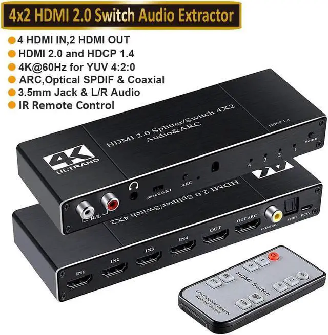 Main image of JAENFONG 4X2 HDMI 2.0 Switch Audio Extractor 4 in 2 Out HDMI to R/L 3.5mm Audio + Coaxial + SPDIF Audio Splitter Adapter with Remote, Support ARC, HDR, HDCP 2.2, 18Gbps, Dolby