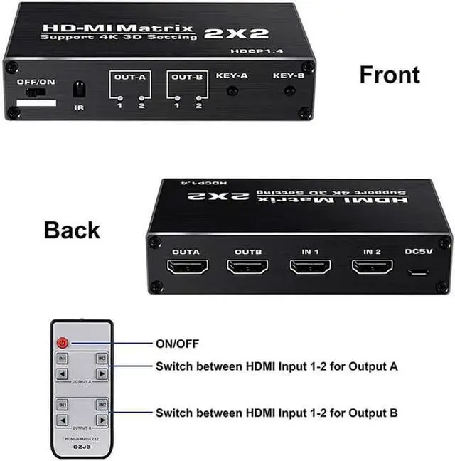 Alt view image 6 of 7 - JAENFONG 4K@60Hz HDMI Matrix Switch 2 X 2 Switcher 18G UltraHD Supports Up to 4K @ 60Hz & 1080P IR HDCP 1.4- Remote Control (OZJ3)