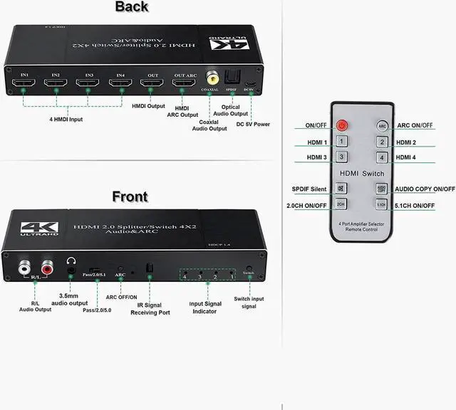 Alt view image 4 of 7 - JAENFONG 4X2 HDMI 2.0 Switch Audio Extractor 4 in 2 Out HDMI to R/L 3.5mm Audio + Coaxial + SPDIF Audio Splitter Adapter with Remote, Support ARC, HDR, HDCP 2.2, 18Gbps, Dolby