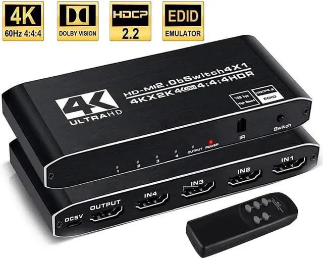 Main image of JAENFONG HDMI Switch 4 Ports (4 x 1) 4K 60Hz HDMI 2.0 Switcher with IR Remote Control Support HDR & HDCP 2.2 & 3D &Full HD 1080P, Compatible for PS4/Xbox One/Fire TV/Apple TV/Sky Box/STB/DVD/Roku