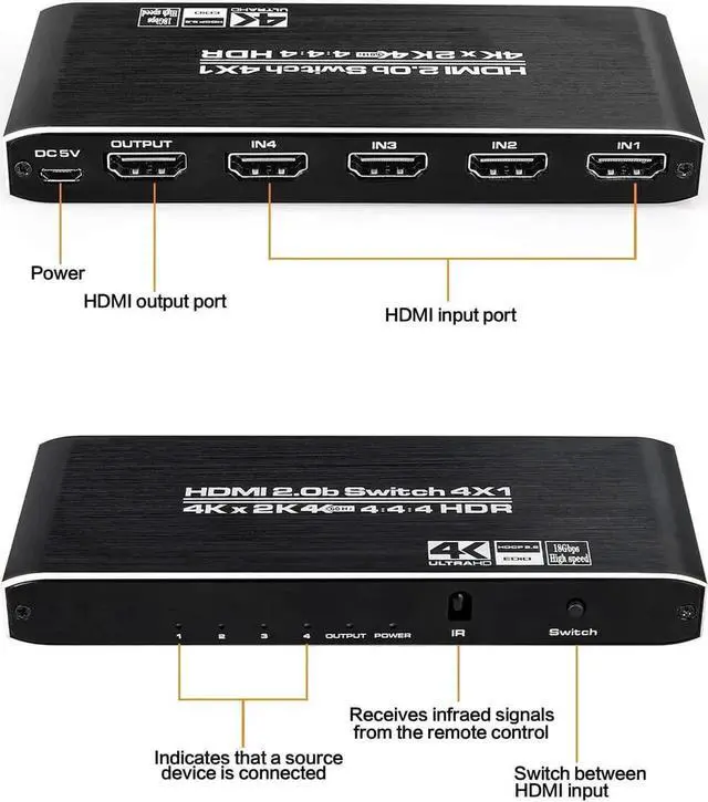 Alt view image 6 of 7 - JAENFONG HDMI Switch 4 Ports (4 x 1) 4K 60Hz HDMI 2.0 Switcher with IR Remote Control Support HDR & HDCP 2.2 & 3D &Full HD 1080P, Compatible for PS4/Xbox One/Fire TV/Apple TV/Sky Box/STB/DVD/Roku