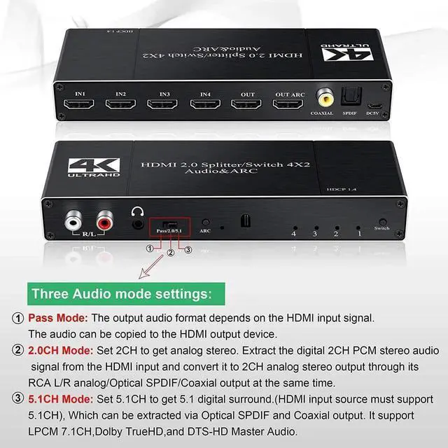 Alt view image 4 of 7 - JAENFONG 4K HDMI Switch Audio Extractor with Optical SPDIF + 3.5mm AUX+ Coaxial + SPDIF Output,4K@60Hz 4 in 2 Out HDMI Switcher Converter Support ARC, HDCP 2.2, YUV4:2:0,EDID,HDR