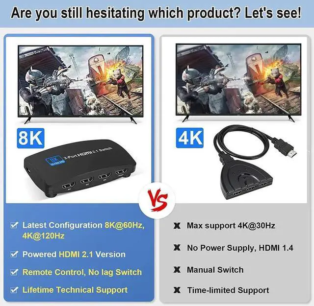 Alt view image 4 of 5 - JAE3x1 HDMI 2.1 Switch, Ultra HD 8K HDMI Switcher Supports 4K@120Hz, 8K@60Hz, HDMI Switcher Selector Support 48Gbps, HDR10, HDCP2.3, Dolby Vision for PS4/PS5, Xbox, Roku, Apple TV, Fire Stick, Sony TV
