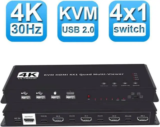 Main image of JAENFONG HDMI KVM Multiviewer Switch 4x1,ESTONE HDMI Quad Multi-Viewer Seamless Switcher 4 in 1 Out Support 4K@30Hz, 1080p, 5 Viewing Modes for DVD player, Apple TV, Blu-ray players, PS3/PS4, PS5