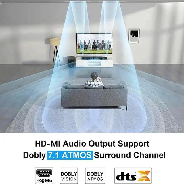 Alt view image 3 of 7 - JAENFONG ESTONE 4K@60Hz HDMI Switch Audio Extractor with Optical SPDIF + 3.5mm AUX Output, 4 in 1 Out HDMI Switcher Converter Support ARC, HDCP 2.2, RGB 8:8:8(7.1CH Dolby atmos),EDID,HDR 10