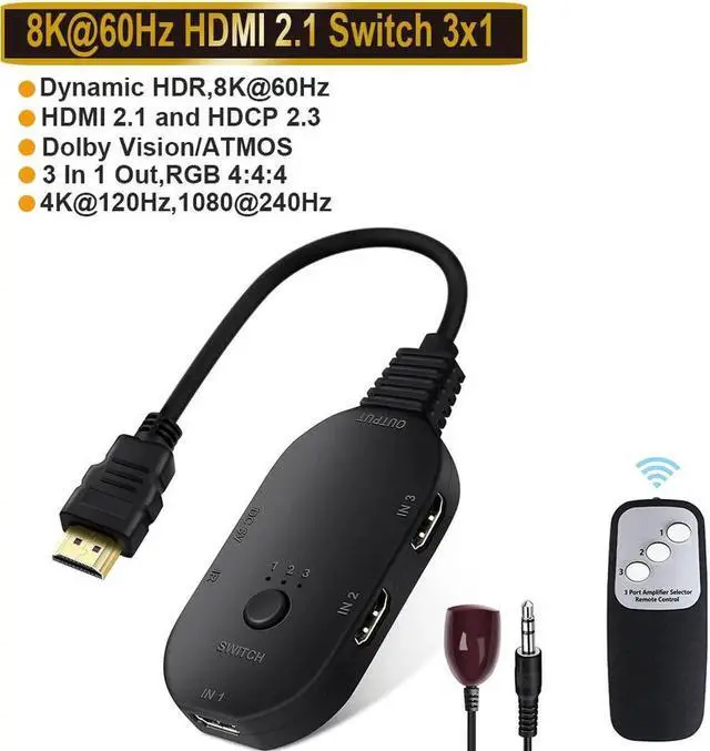 Main image of JAENFONG HDMI Switch 8K@60Hz, HDMI Switch 3 in 1 Out with Remote, HDMI Splitter Supports 8K 4K 3D UHD, HDMI Switcher for PS5, PS4, PS3,Fire Stick, Blu-Ray, Xbox, DVD, Laptop, PC
