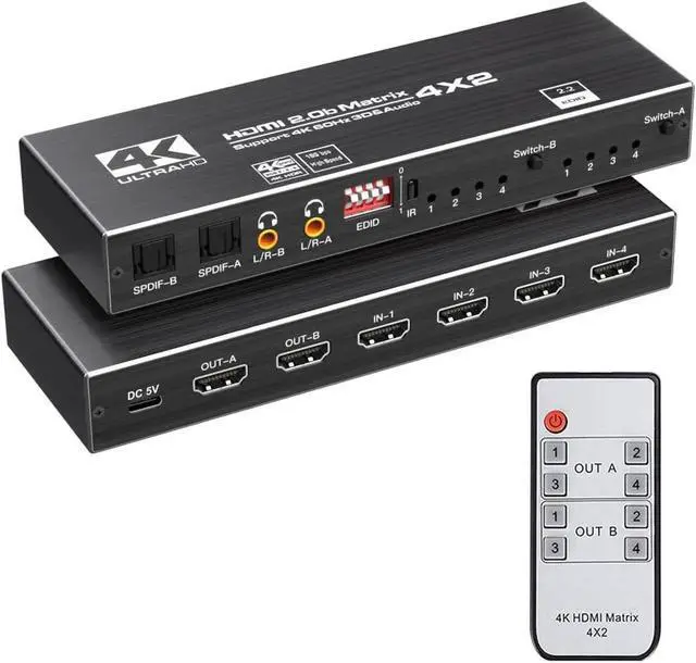 Main image of JAENFONG 4K HDMI Matrix Switch 4 X 2, Switcher with Audio Extractor UltraHD Supports Up to 4K @ 60Hz IR EDID HDCP 2.2 HDR10,2xSPDIF Audio, 2x3.5mm L/R Audio - Remote Control (OZJ1-1)