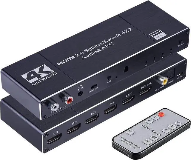 Main image of JAENFO4K 60Hz HDMI 2.0 Switch 4 in 2 Out with Audio Extractor (HDMI, 3.5mm AUX,Toslink, Coaxial Audio Out) and ARC, Support Remote/Auto Switching/HDCP2.2/1080P/3D, HDMI Splitter for TV 4K Home Theater