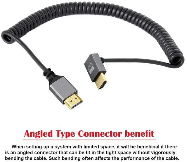 Alt view image 4 of 7 - JAENFONG HDMI 2.0 Male to HDMI Male 4K 60hz Stretch Coiled Cable Down Angled 90 Degree for HDTV Computer Laptop Monitor