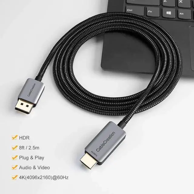 Alt view image 2 of 6 - JAENFONG Active DP to HDMI Cable HDR 4K@60Hz 2K@144Hz 1080P@144Hz, 8FT Unidirectional DisplayPort to HDMI Monitor Cable, DP 1.4 to HDMI 4K Braided, Support Eyefinity Multi-Display, Aluminum