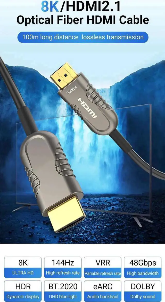 Alt view image 2 of 6 - 8K@60Hz Fiber Optic HDMI Cable 50 ft / 15m - Supporting 8K@60Hz 7680x4320, 4K@120Hz) eARC HDR10 HDCP 2.2 & 2.3 3D - Designed for Xbox, Compatible with PS5, Apple TV, PC 50 ft.