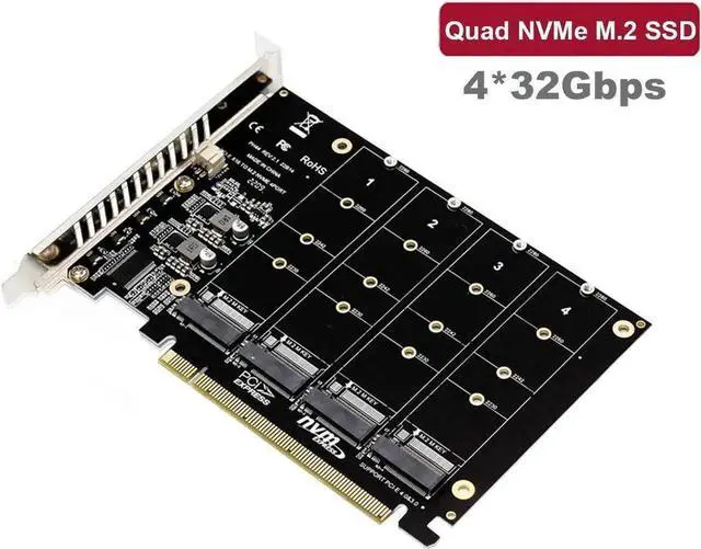 Main image of JAENFONG Quad M.2 NVME SSD to PCIe 4.0/3.0 x16 Expansion Card,4-Drive M-Key SSD 4x32Gbps Soft Raid Card with LED Indicator for 2280/2260/2242/2230 PCIe-Base M2 SSD