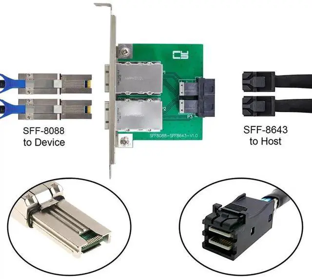 Alt view image 4 of 7 - JAENFONG Mini SAS 2 SFF-8088 to 2 SFF-8643 HD Data Server Converter Adapter with Bracket
