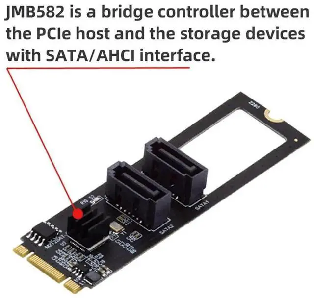 Alt view image 2 of 7 - JAENFONG NGFF Key B+M PCI Express to SATA 3.0 6Gbps Dual Ports Vertical Adapter Converter Hard Drive Extension Card JMB582 2280