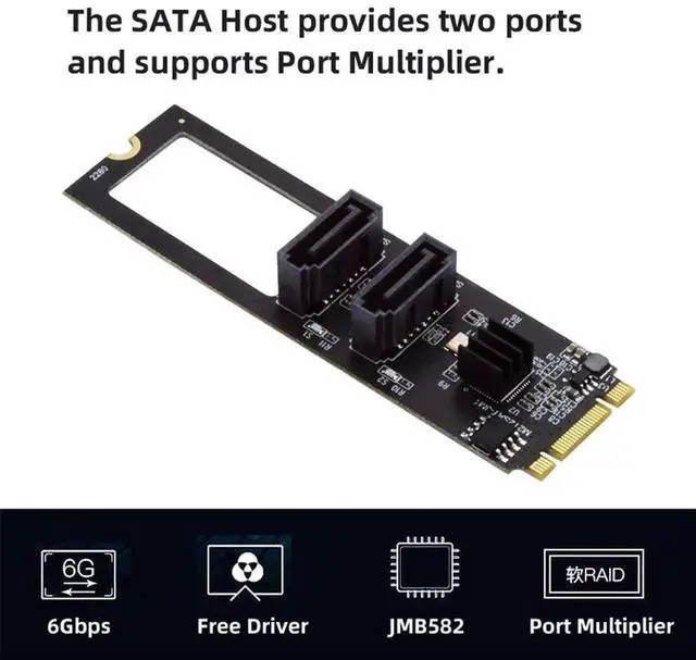 Alt view image 4 of 7 - JAENFONG NGFF Key B+M PCI Express to SATA 3.0 6Gbps Dual Ports Vertical Adapter Converter Hard Drive Extension Card JMB582 2280