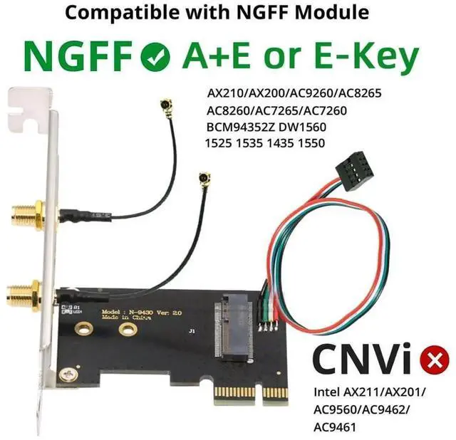 Alt view image 7 of 7 - JAENFONG PCI-E X1 to NGFF A+E/E-Key Wireless Network Card PCI Express Expansion Card Adapter with Dual Antenna for Wifi5 Wifi6 Wifi6E,Bluetooth 5.3(USB Port),Supports Windows 11/10