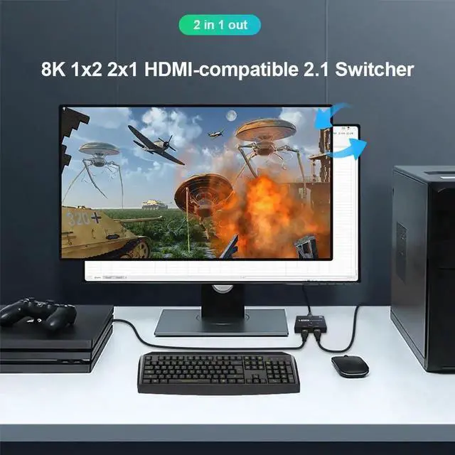 Alt view image 2 of 7 - HDMI 2.1 Switcher Bi-Direction 2 in 1/ 1 in 2 8K@60Hz 4K@120Hz Ultra HD KVM Switcher Adapter for PS4/5 TV Box HDTV Xbox Projector
