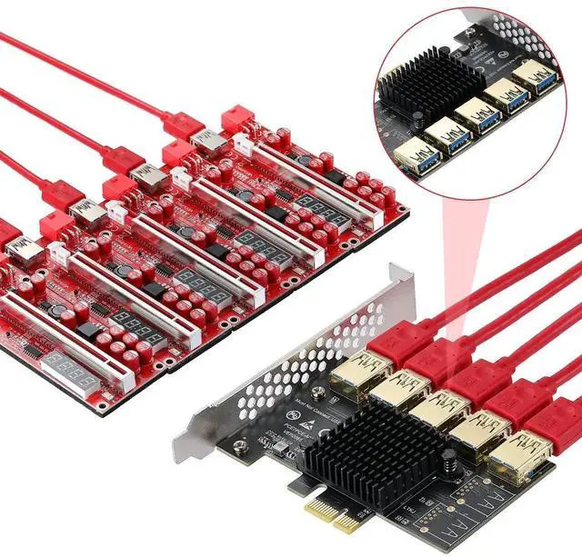 Alt view image 2 of 7 - JAENFONG PCI-E 1 to 5 Riser Card,PCI-E 1X to 5 PCI-E USB3.0 Adapter Multiplier Card,Pcie Splitter 1 to 5 PCIE Riser Card for Bitcoin Ethereum Mining