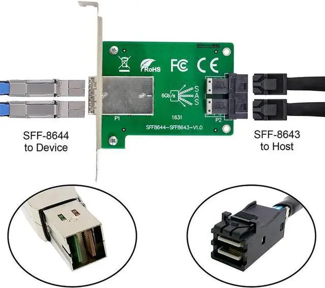 Alt view image 2 of 5 - JAENFONG SFF-8644 Dual Ports Mini SAS HD to Internal SAS HD SFF-8643 PCBA Female Adapter With Low Profile Bracket