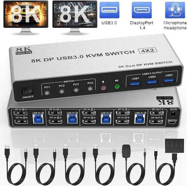 Main image of Displayport USB 3.0 KVM Switch 2 Monitors for 4 Computers 8K@60Hz 4K@144Hz, 4 Port DP1.4 Dual Monitor Displayport KVM Switch with Audio Output and 3 USB 3.0, 8K DP Monitor Switch for 4PCs