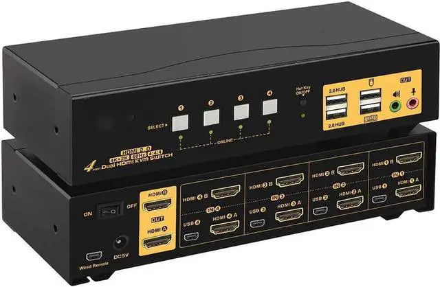 Main image of 4 Port KVM Switch Dual Monitor HDMI 4K 60Hz, HDMI KVM Switch for 4 Computers 2 Monitors with USB 2.0 HUB and Cables