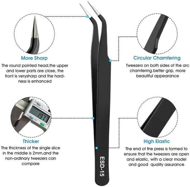 Alt view image 7 of 7 - JAENFONG 10 PCS Precision Tweezers Set, Stainless Steel ESD Anti-Static Tweezers Kit for Electronics Soldering, Jewelry-Making, Laboratory & Crafts - Includes Storage Bag