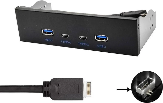 Alt view image 2 of 7 - USB 3.2 10Gbps USB Front Panel Hub 5.25 inch Bay 2x Type-C and 2x USB-A 4 Ports USB Computer Case Expansion Adapter,USB 3.2 Motherboard Header 20Pin Key-A Type-E to 4 USB Splitter Adapter -2.6FT Cable