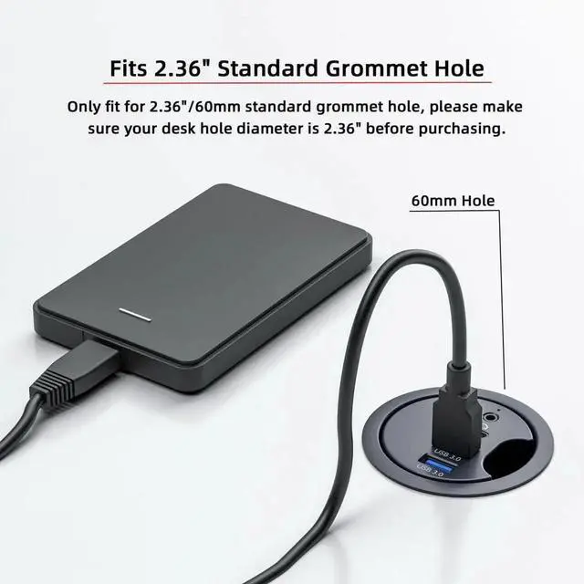 Alt view image 4 of 7 - JAENFONG USB 3.0 Flush Mount Desktop HUB,2 USB 3.0 Port/1 USB C Port HUB Grommet Hole 2.36"(60mm) with 3.5mm Audio Port