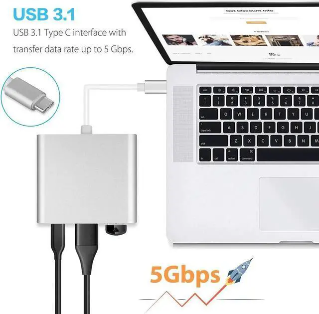 Alt view image 5 of 7 - JAENFONG USB C to HDMI 4K Multiport Adapter, 3 in 1 Type C Hub with USB 3.0 + USB C Charging Port Digital Converter Compatible for MacBook/Chromebook Pixel/XPS13/Galaxy s8/s8 Plus (Silver)